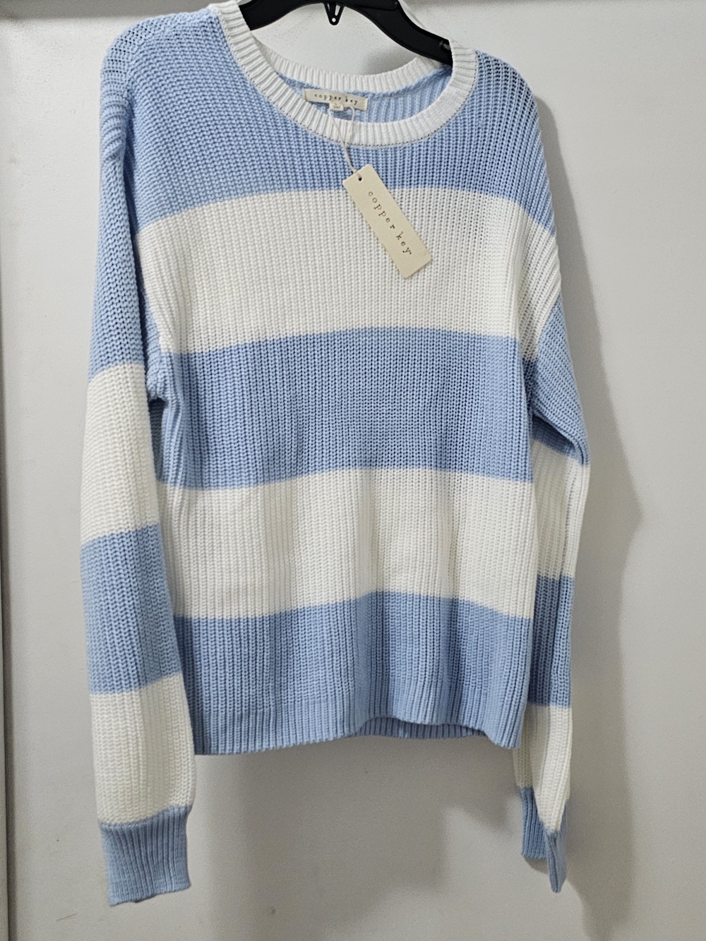 Copper Key Blue & White Wide-Stripe Crewneck Sweater